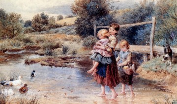 Mascotas y niños Painting - Niños remando en un arroyo victoriano Myles Birket Foster pet kids